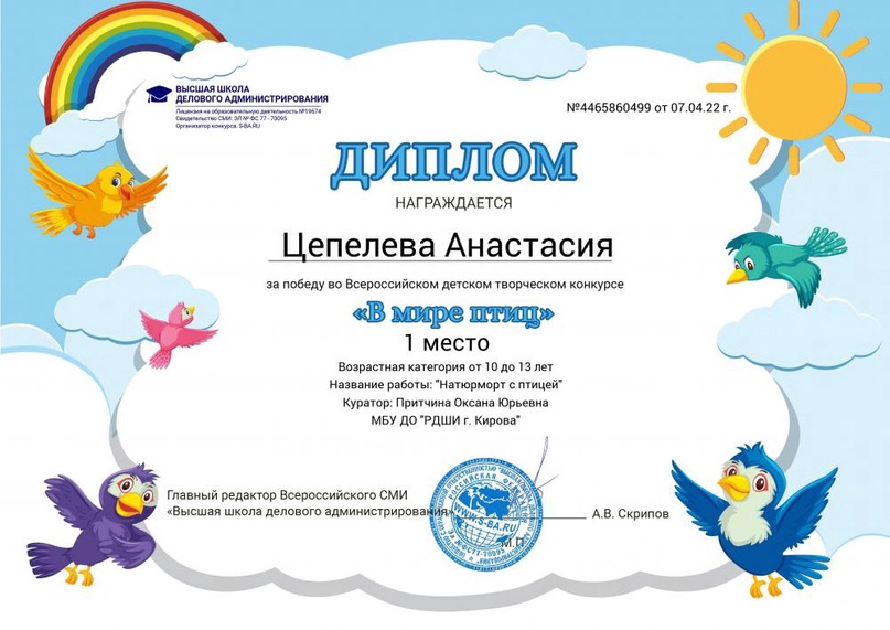 Поздравляем учащихся класса преподавателя Притчиной Оксаны Юрьевны с высокими результатами участия во Всероссийском детском творческом конкурсе "В мире птиц":