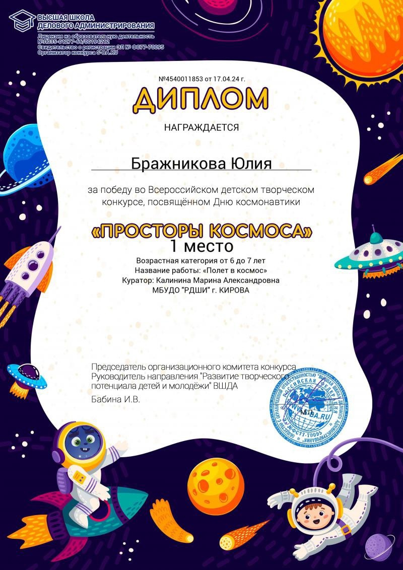 Поздравляем наших художников с победами в всероссийском детском творческом конкурсе, посвящённом Дню Космонавтики "Просторы космоса", под руководством Калининой Марины Александровны: